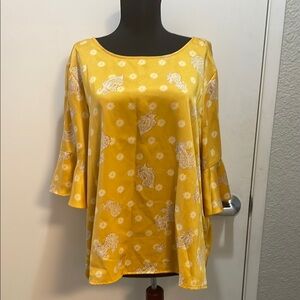 Vince Camuto Yellow Gold Floral Women's Top W/ Bell Sleeves Size XXL Satin Feel